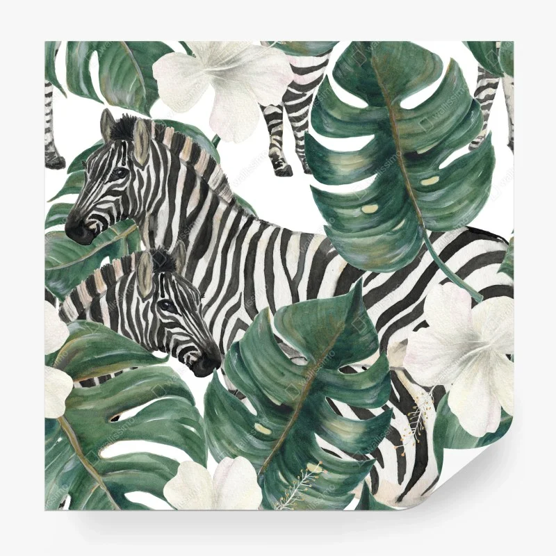 Carta da parati motivo tropicale con zebre e foglie di monstera
