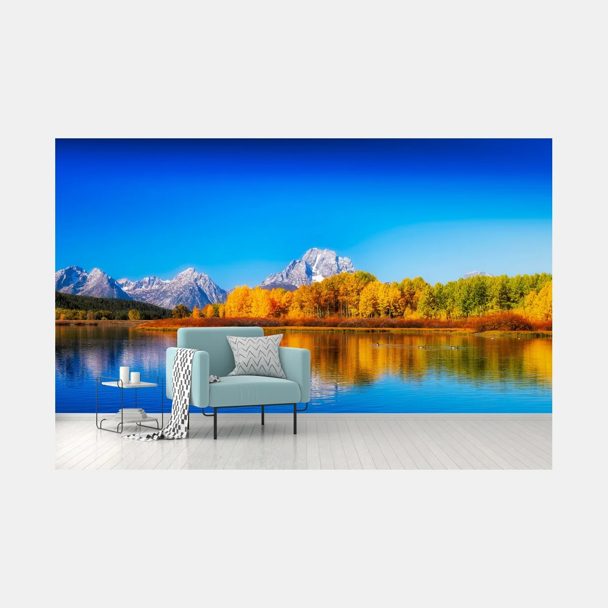 Carta da parati panoramica autunnale sul lago con montagne innevate • Wallissimo® Carta da parati panoramica autunnale sul lago con montagne innevate • Wallissimo®