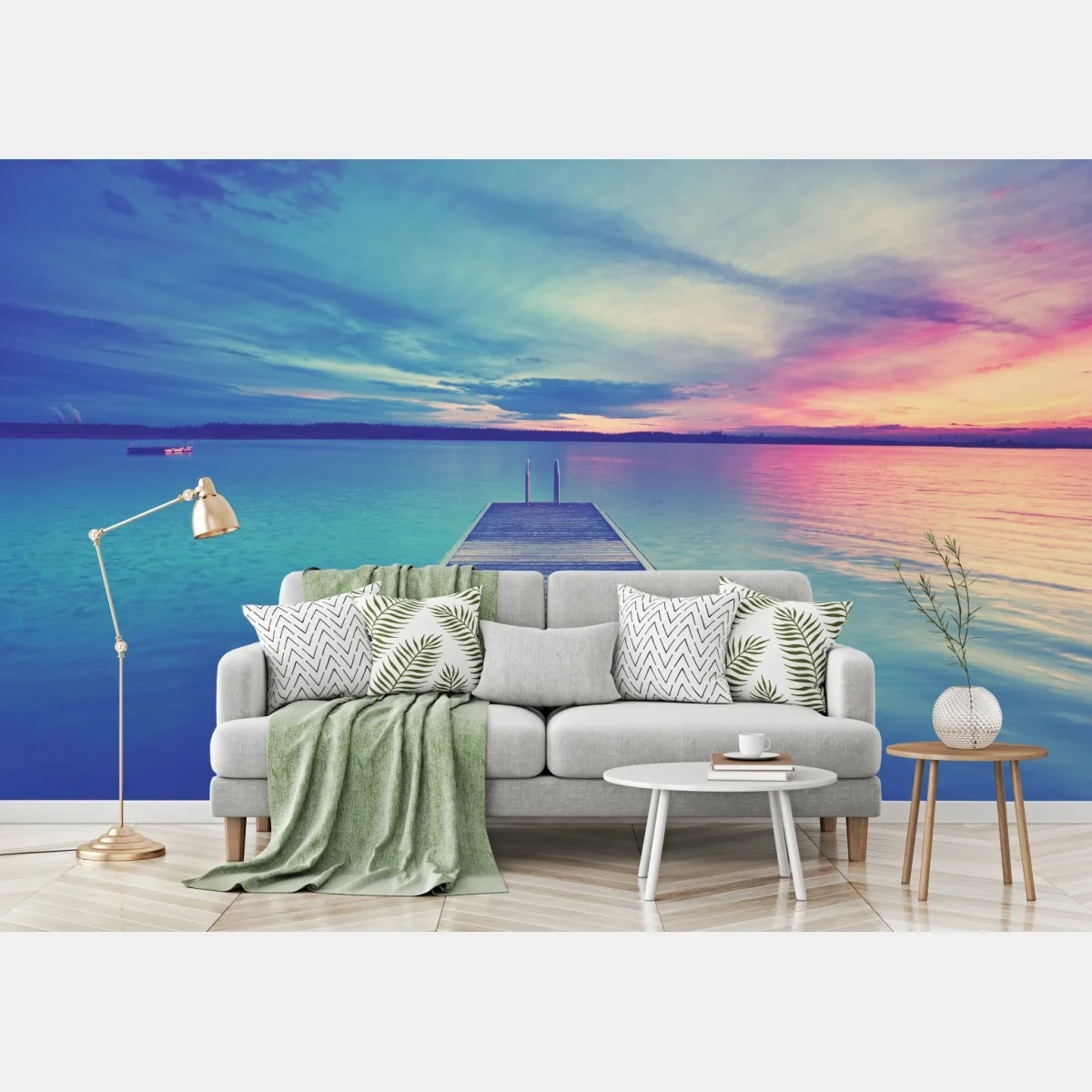 Carta da parati molo al tramonto sul lago • Wallissimo® Carta da parati molo al tramonto sul lago • Wallissimo®