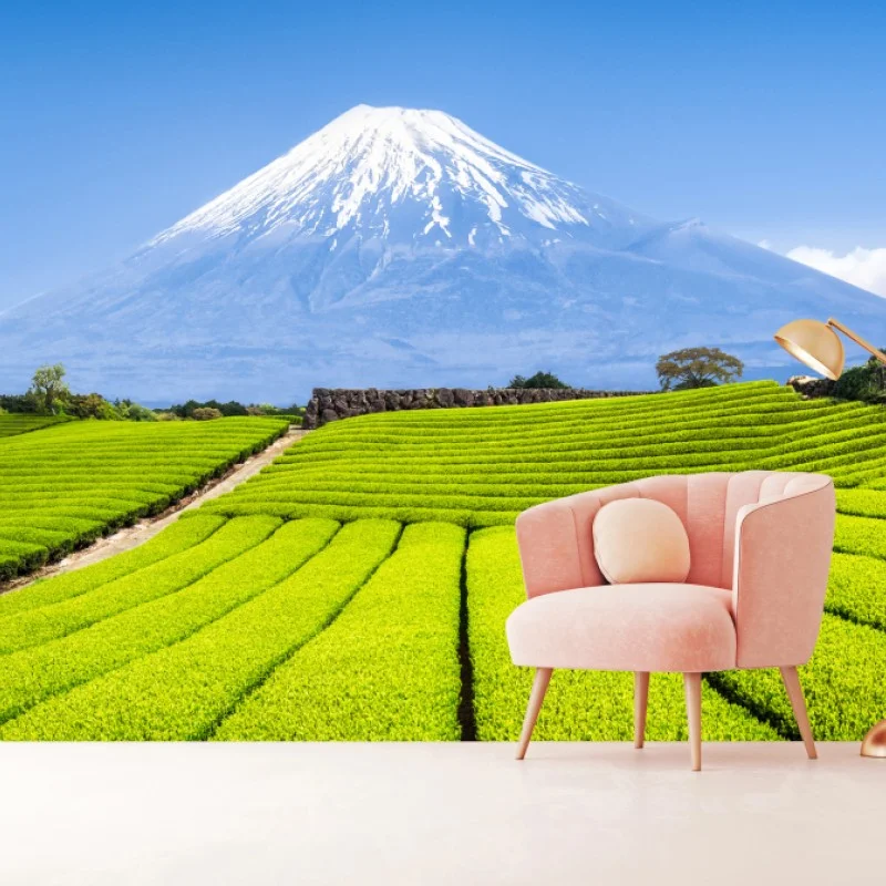 Carta da parati paesaggio verde di Monte Fuji e campi di tè