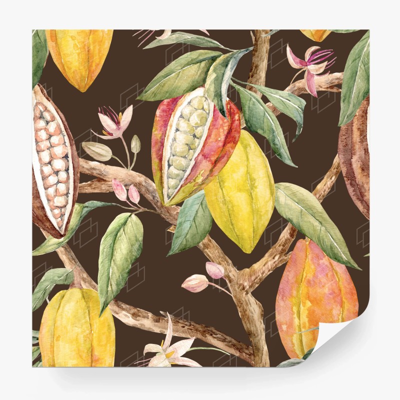 Carta da parati motivo botanico di baccelli di cacao ad acquerello