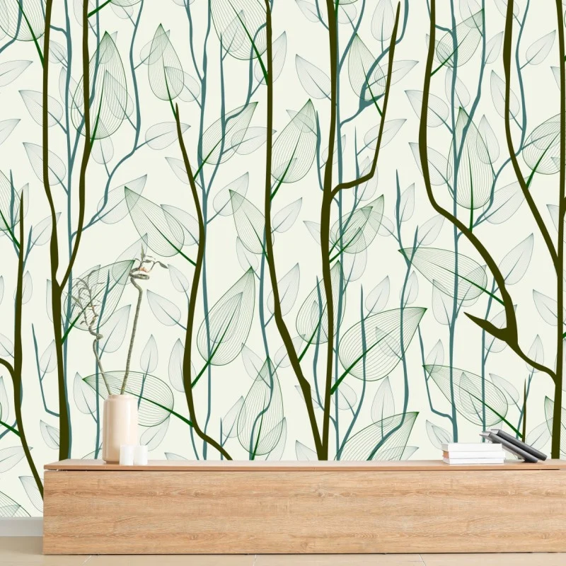 Carta da parati motivo botanico rami e foglie in trasparenza