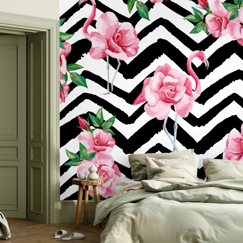 Carta da parati fenicotteri rosa e rose su sfondo zigzag