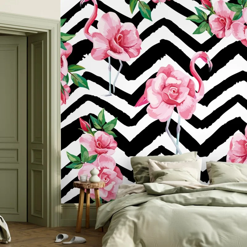 Carta da parati fenicotteri rosa e rose su sfondo zigzag