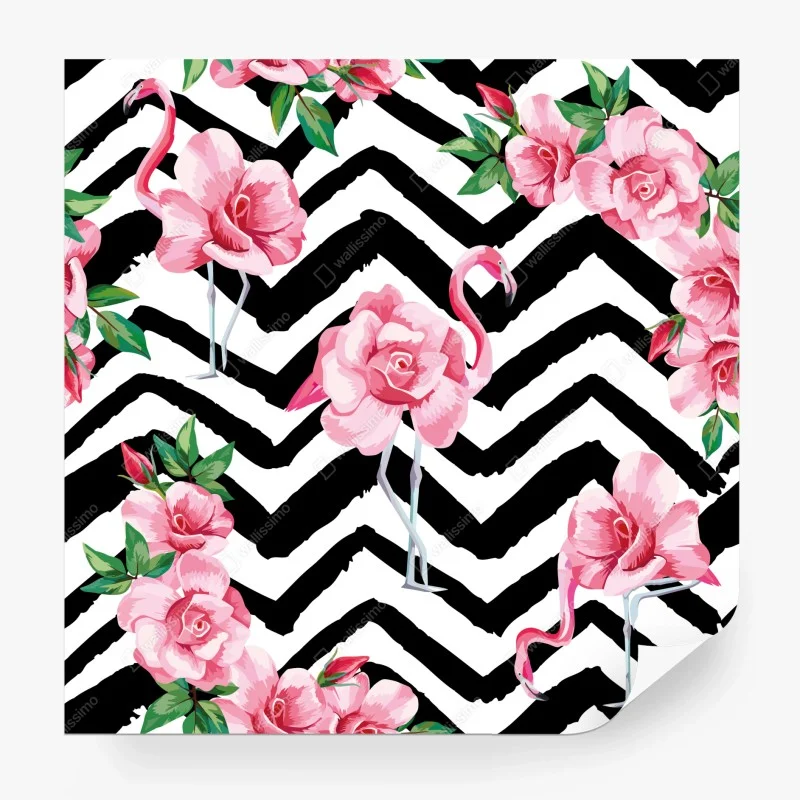 Carta da parati fenicotteri rosa e rose su sfondo zigzag