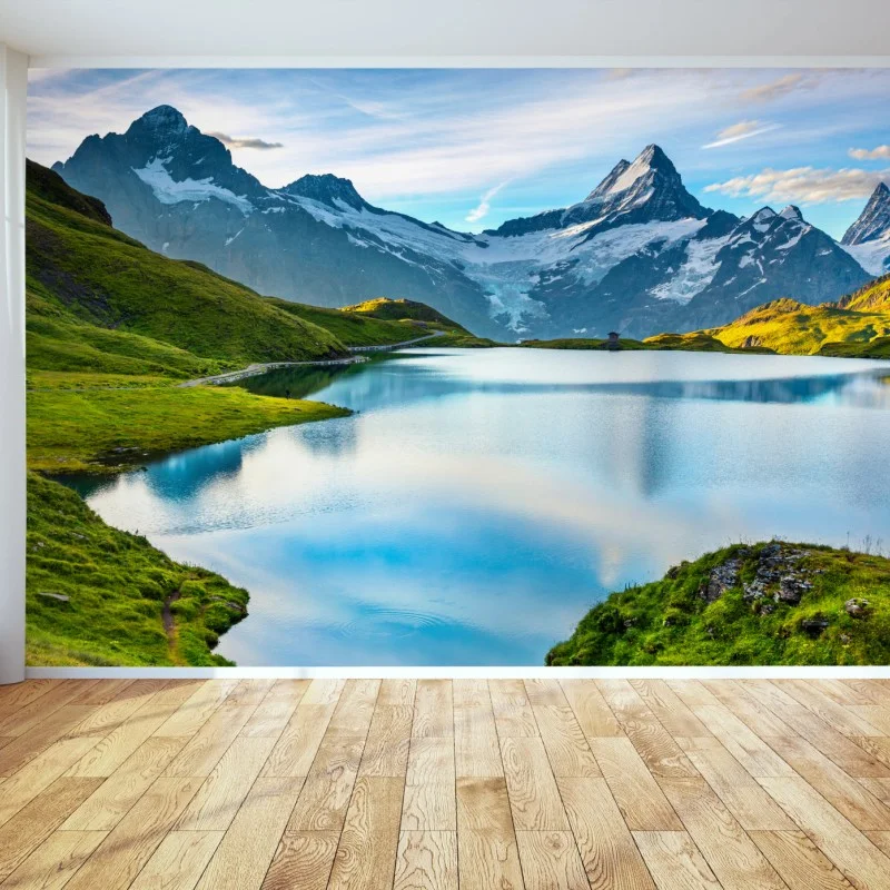 Carta da parati tramonto alpino sul lago Bachsee con Wetterhorn e Wellhorn