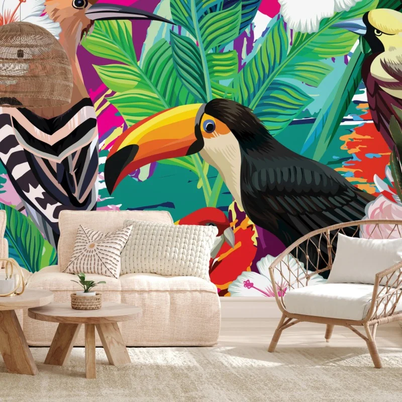 Carta da parati esplosione tropicale di uccelli e fiori