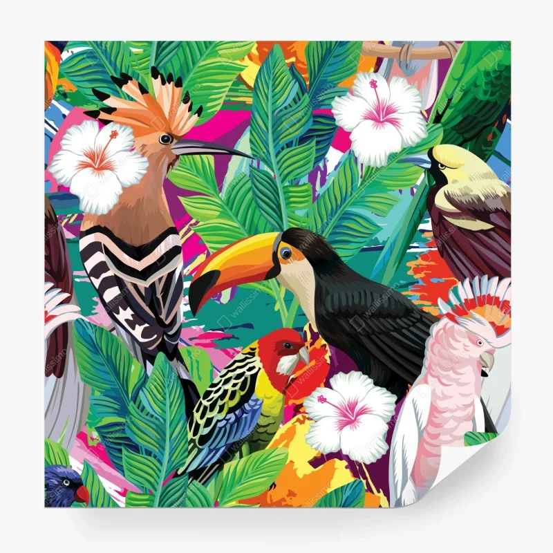 Carta da parati esplosione tropicale di uccelli e fiori