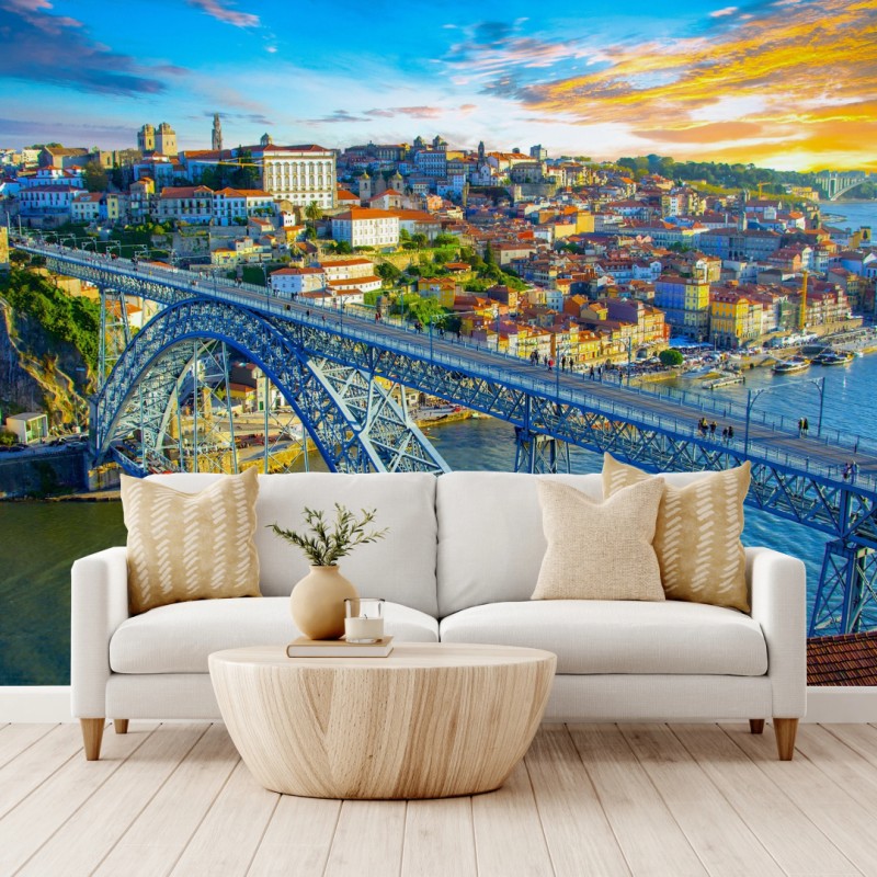 Carta da parati panorama al tramonto su Porto e ponte metallico
