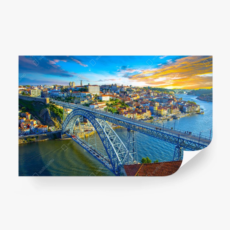 Carta da parati panorama al tramonto su Porto e ponte metallico