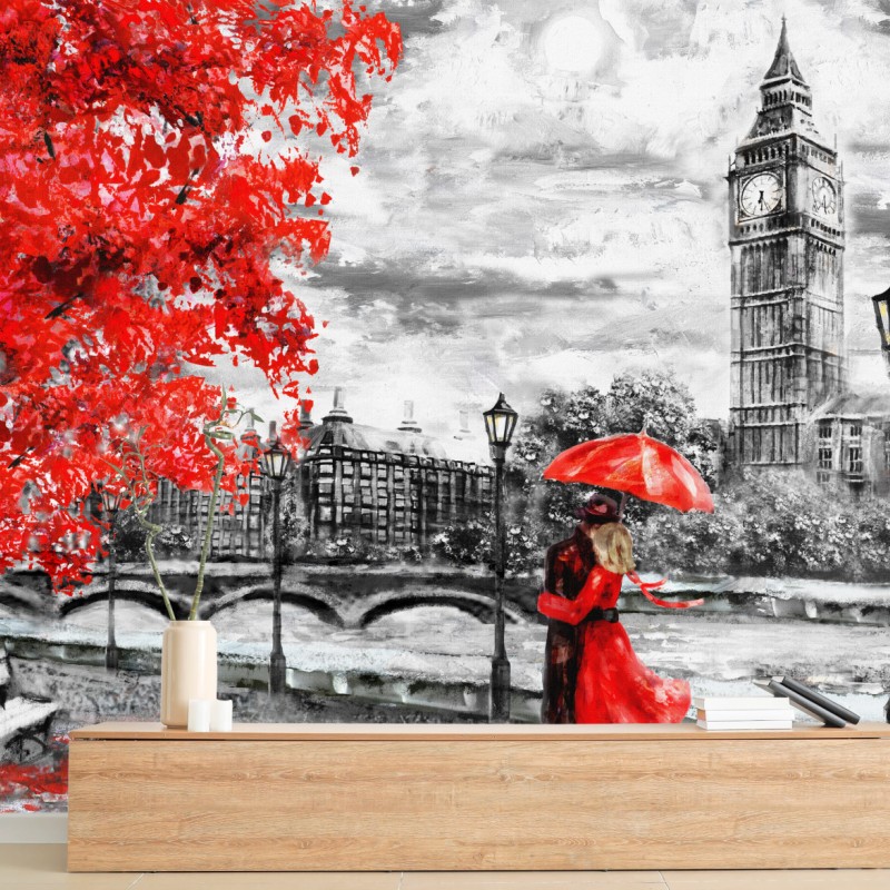 Carta da parati abbraccio sotto la pioggia a Londra - Big Ben in rosso