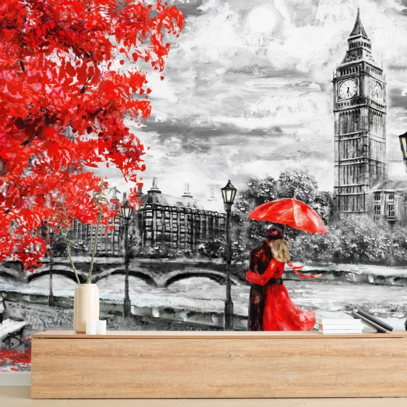 Carta da parati abbraccio sotto la pioggia a Londra - Big Ben in rosso
