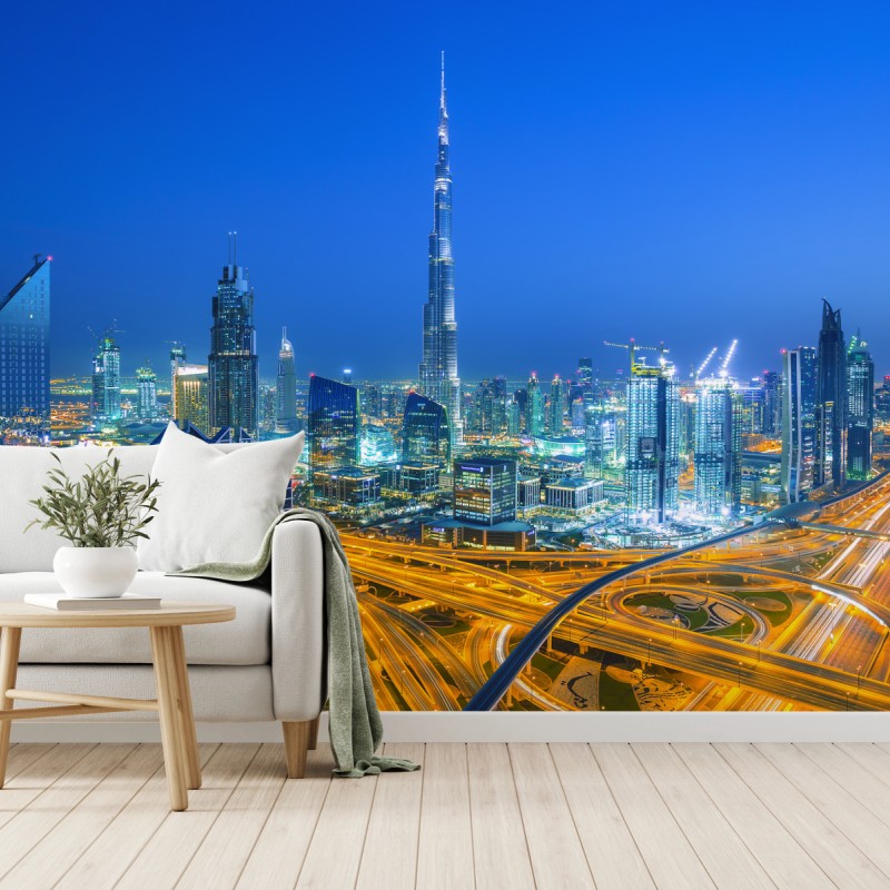 Carta da parati orizzonte notturno di Dubai con Burj Khalifa