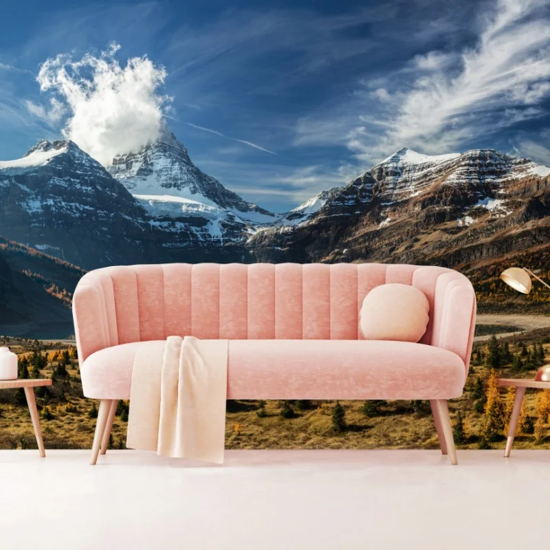 Carta da parati paesaggio montano autunnale con lago riflettente