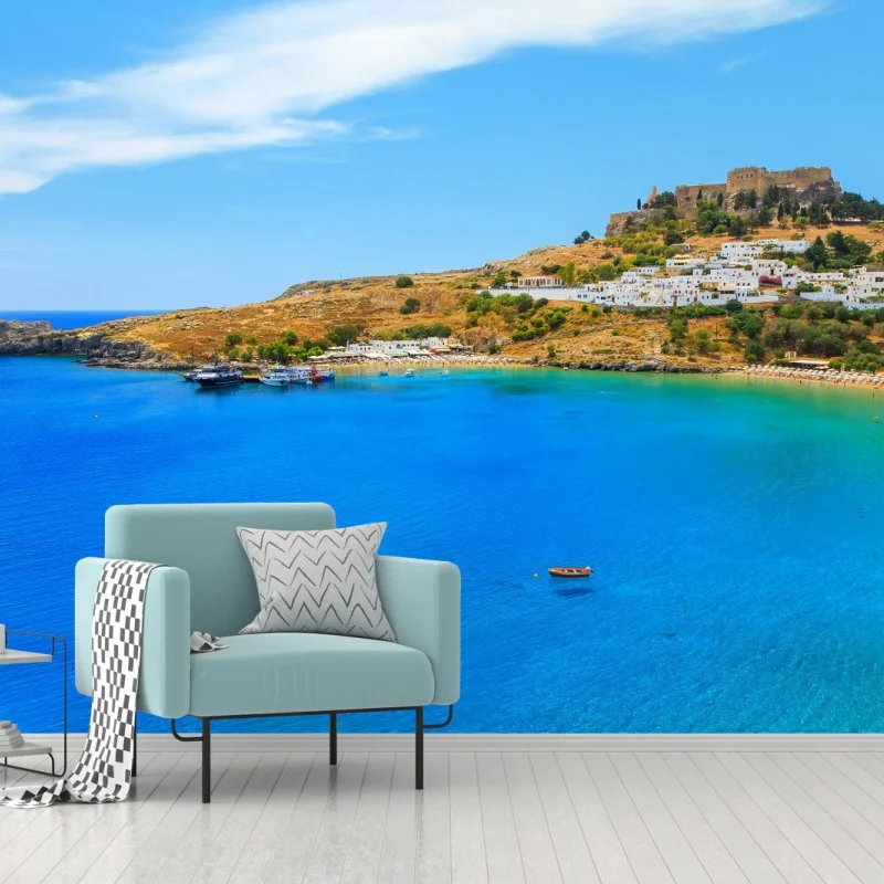 Carta da parati panorama costiero mediterraneo con borgo e castello • Wallissimo®