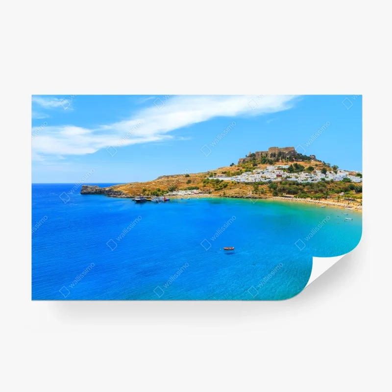 Carta da parati panorama costiero mediterraneo con borgo e castello • Wallissimo®