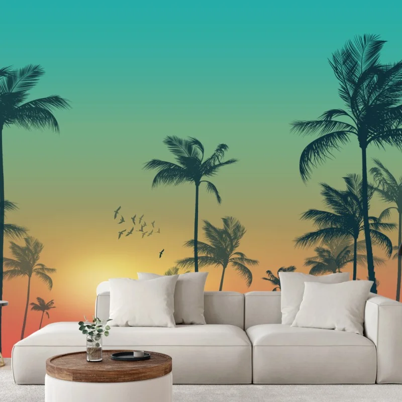 Carta da parati tramonto tropicale con palme