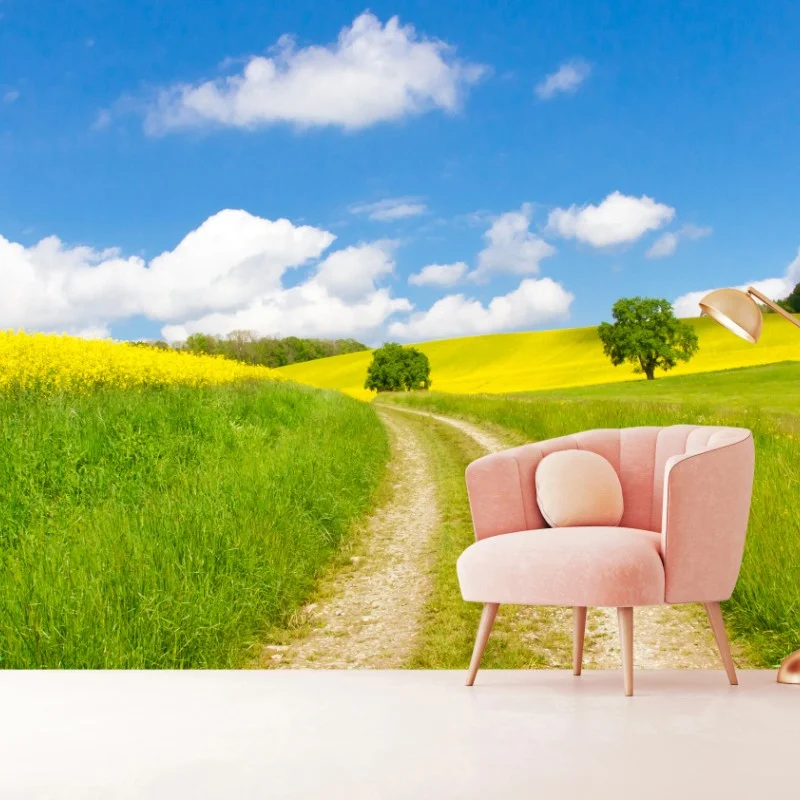 Carta da parati sentiero tra i campi di colza e prati verdi