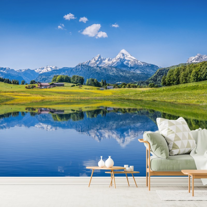 Carta da parati riflessi delle Alpi sul lago