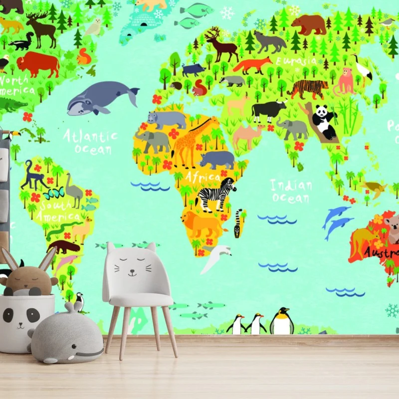Carta da parati mappa del mondo degli animali colorata