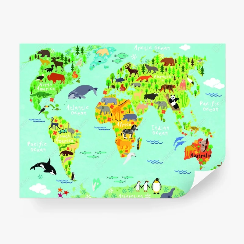 Carta da parati mappa del mondo degli animali colorata
