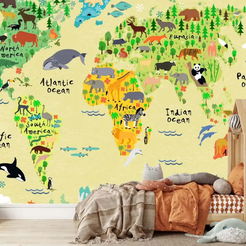 Carta da parati mappa del mondo degli animali: decorazione educativa per la cameretta