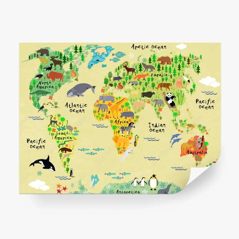 Carta da parati mappa del mondo degli animali: decorazione educativa per la cameretta