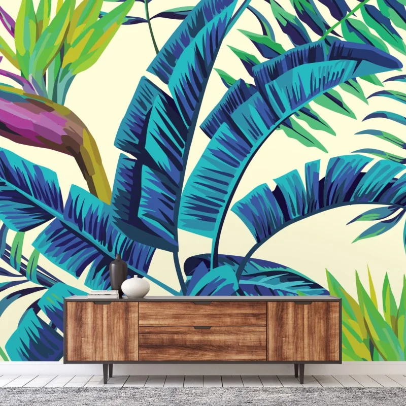 Carta da parati foglie tropicali blu e fiori esotici