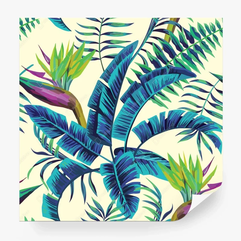 Carta da parati foglie tropicali blu e fiori esotici