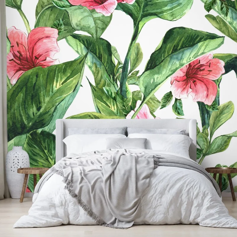 Carta da parati motivo botanico tropicale con fiori rosa