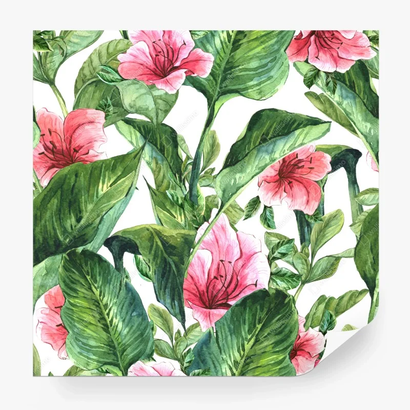 Carta da parati motivo botanico tropicale con fiori rosa