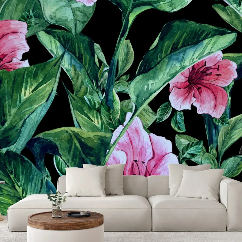 Carta da parati motivo botanico tropicale in acquerello su sfondo nero