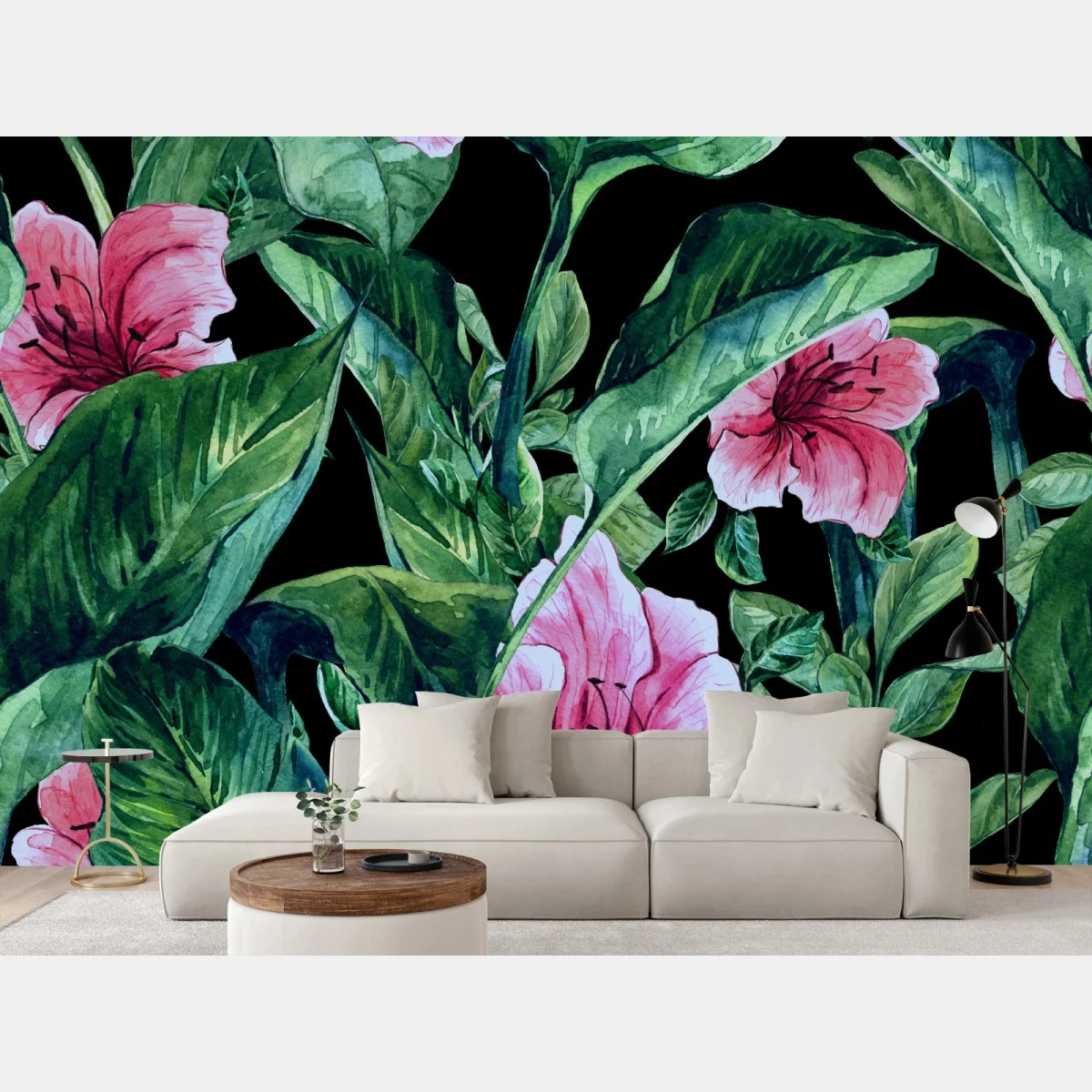 Carta da parati motivo botanico tropicale in acquerello su sfondo nero • Wallissimo® Carta da parati motivo botanico tropicale in acquerello su sfondo nero • Wallissimo®