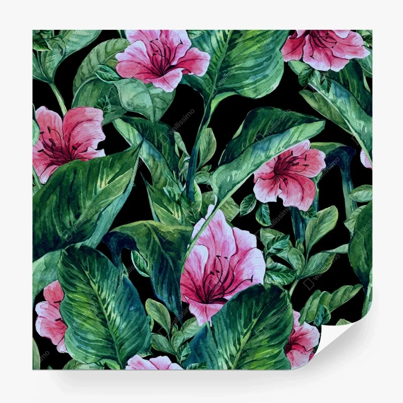 Carta da parati motivo botanico tropicale in acquerello su sfondo nero