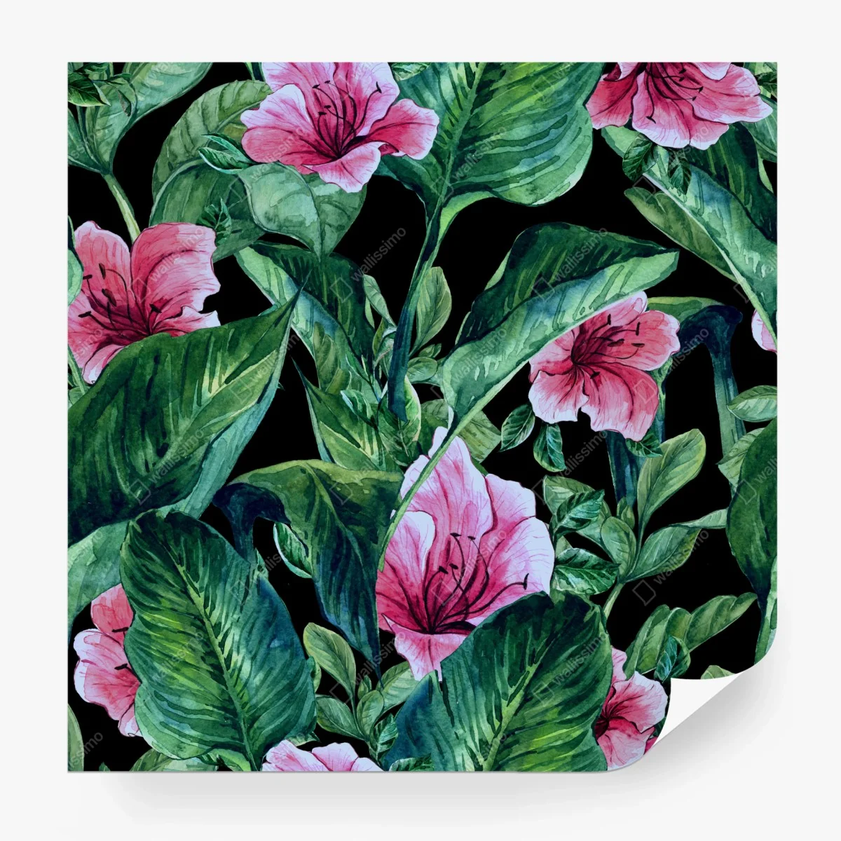 Carta da parati motivo botanico tropicale in acquerello su sfondo nero • Wallissimo® Carta da parati motivo botanico tropicale in acquerello su sfondo nero • Wallissimo®