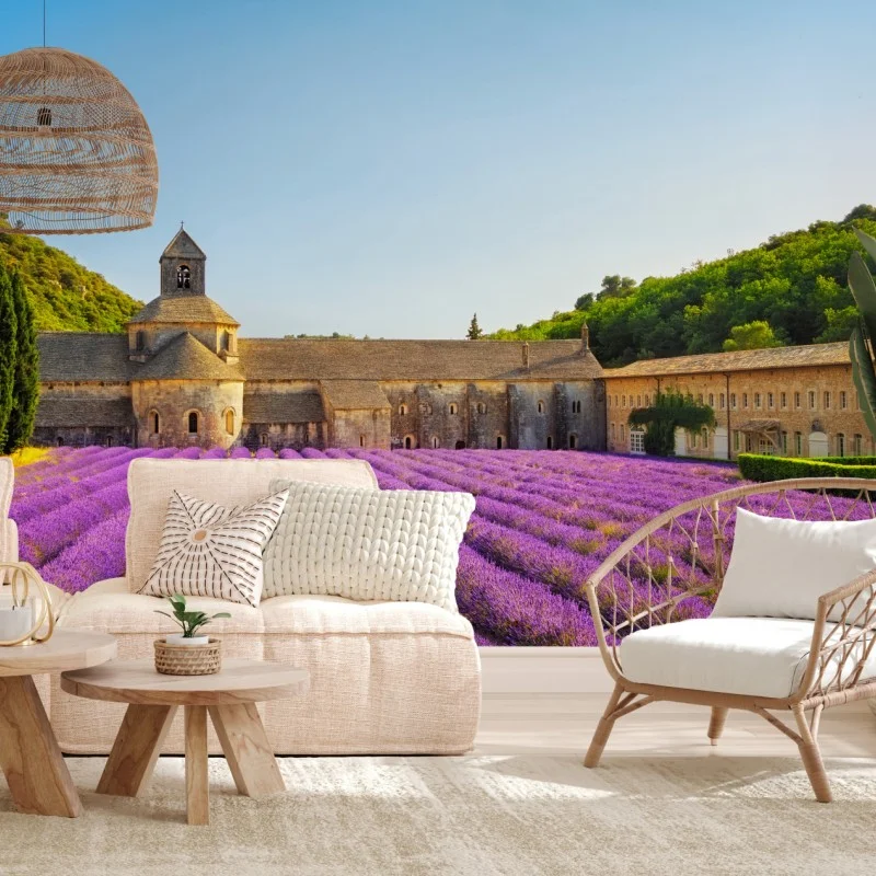 Carta da parati tramonto all'abbazia di Sénanque tra campi di lavanda