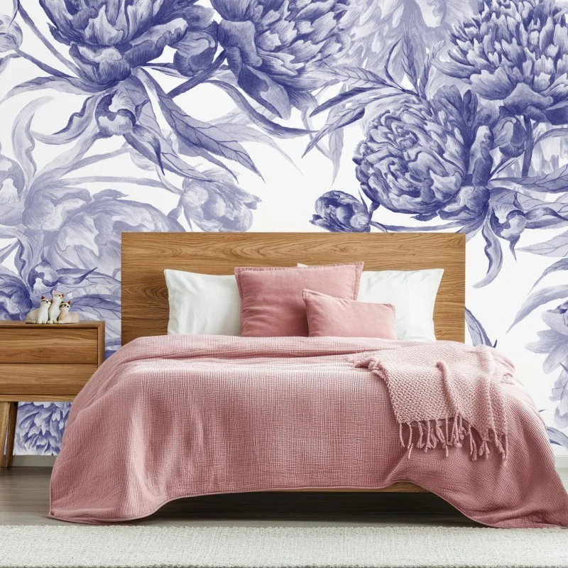 Carta da parati motivo elegante di peonie blu su sfondo bianco