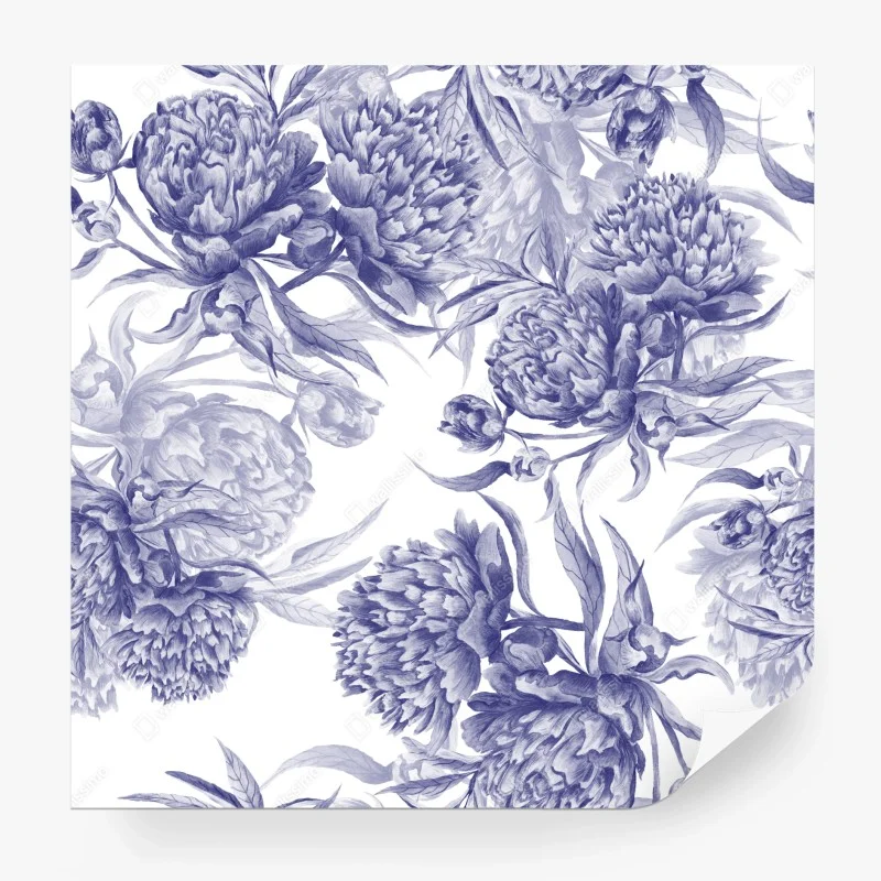 Carta da parati motivo elegante di peonie blu su sfondo bianco