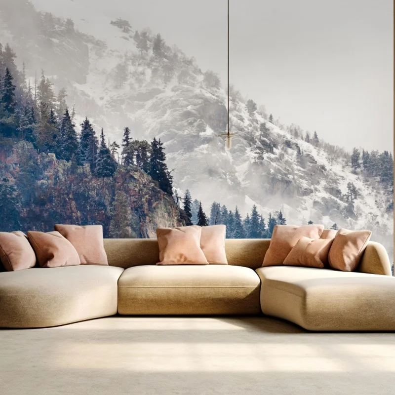 Carta da parati paesaggio montano: scogliera innevata e boschi di conifere