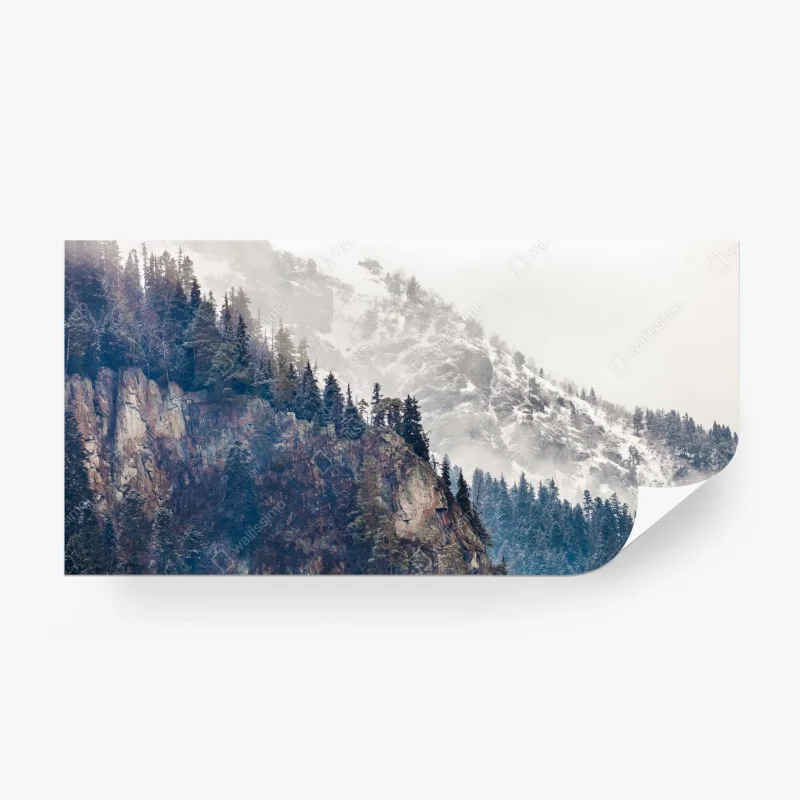 Carta da parati paesaggio montano: scogliera innevata e boschi di conifere