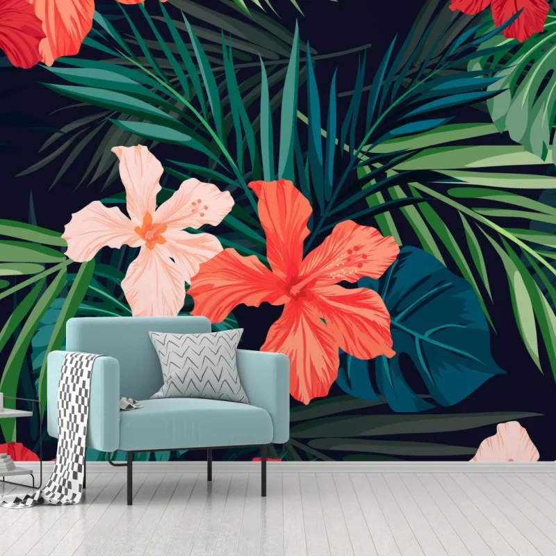 Carta da parati giungla tropicale di hibiscus e foglie esotiche