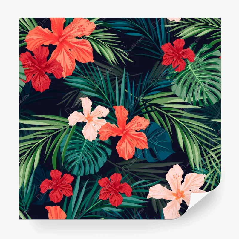 Carta da parati giungla tropicale di hibiscus e foglie esotiche