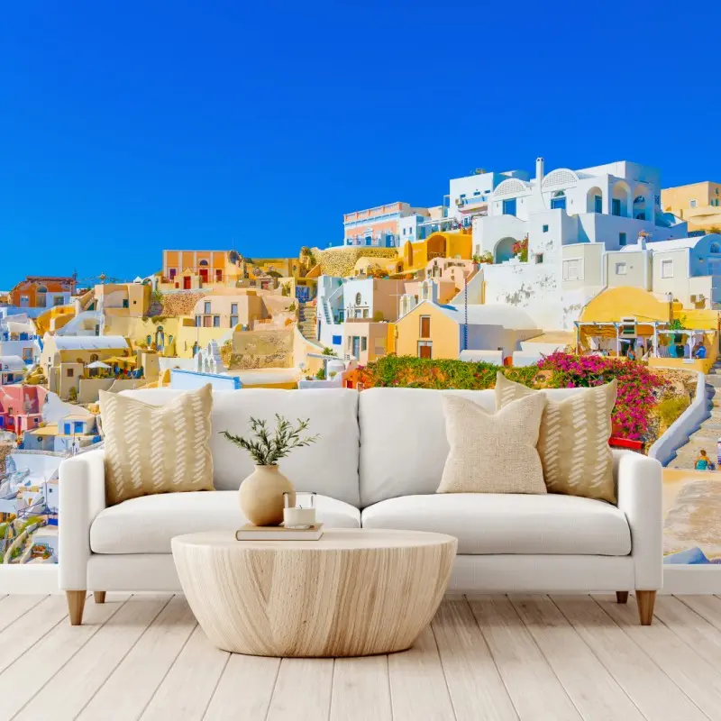Carta da parati vista di Oia, Santorini: villaggio di case bianche e colori mediterranei