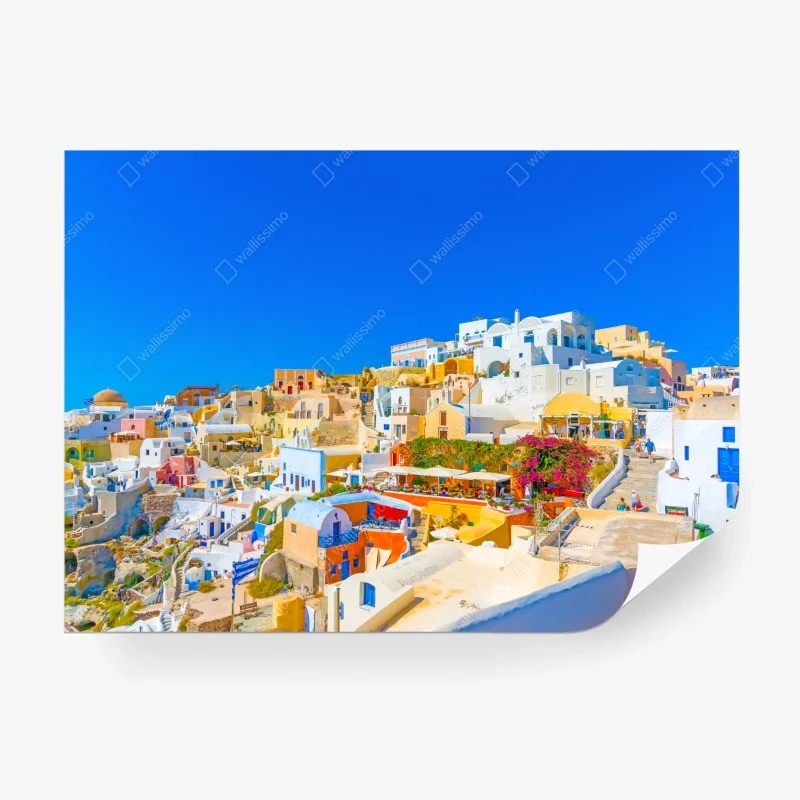 Carta da parati vista di Oia, Santorini: villaggio di case bianche e colori mediterranei