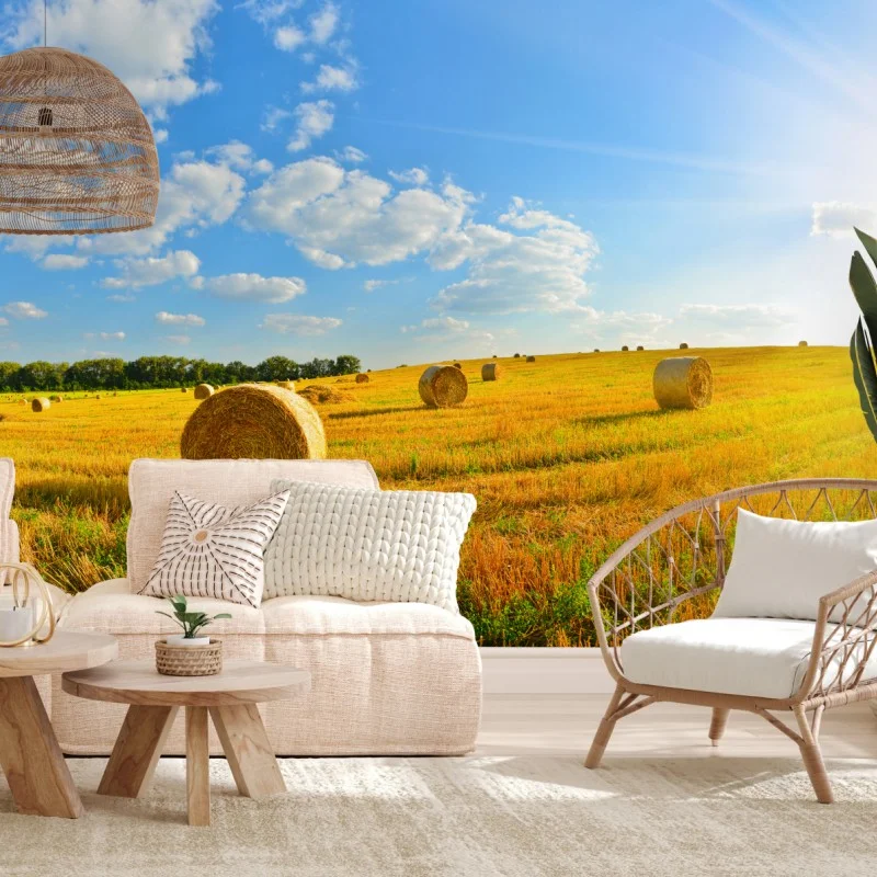 Carta da parati paesaggio dorato con balle di fieno