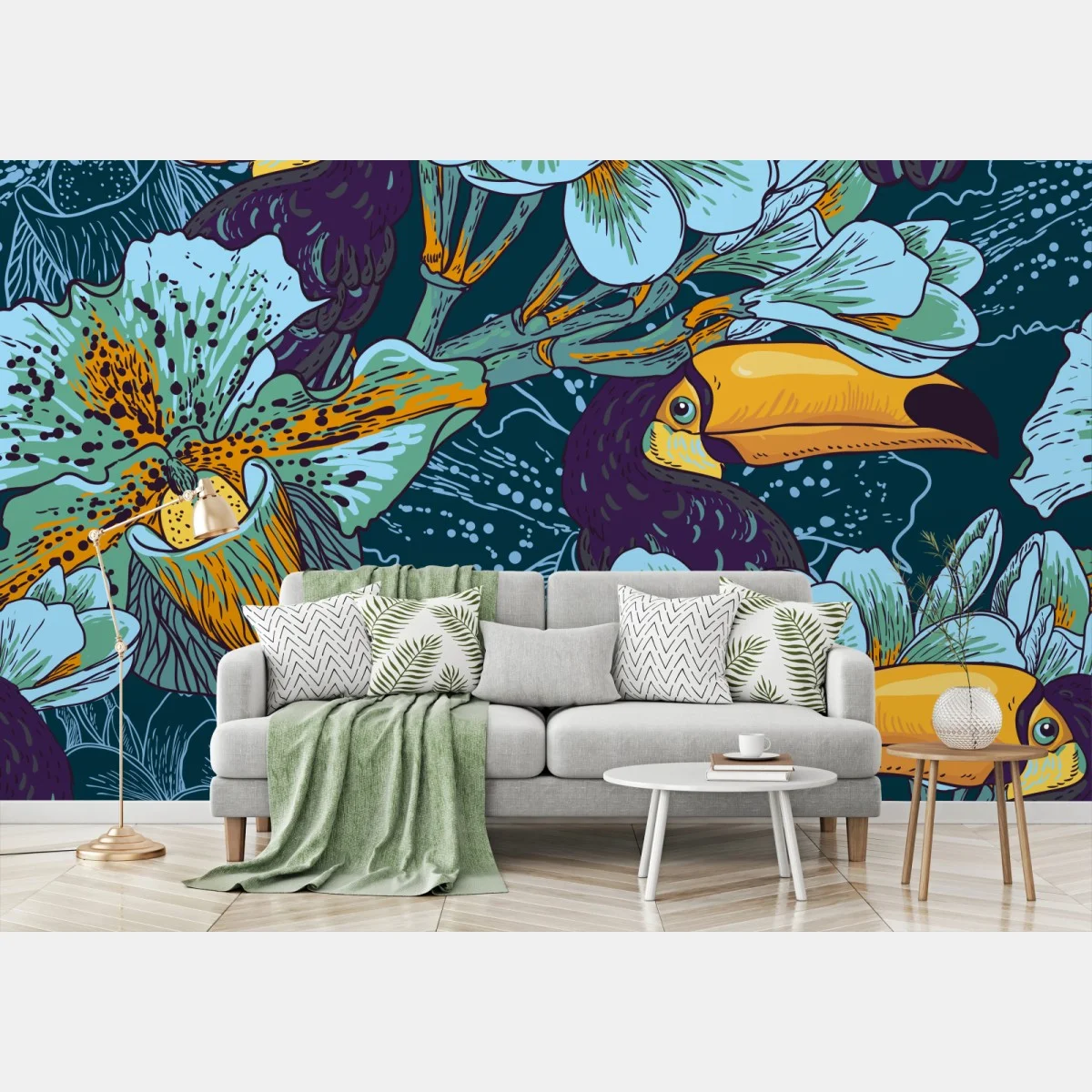 Carta da parati tucani tropicali tra fiori esotici • Wallissimo® Carta da parati tucani tropicali tra fiori esotici • Wallissimo®