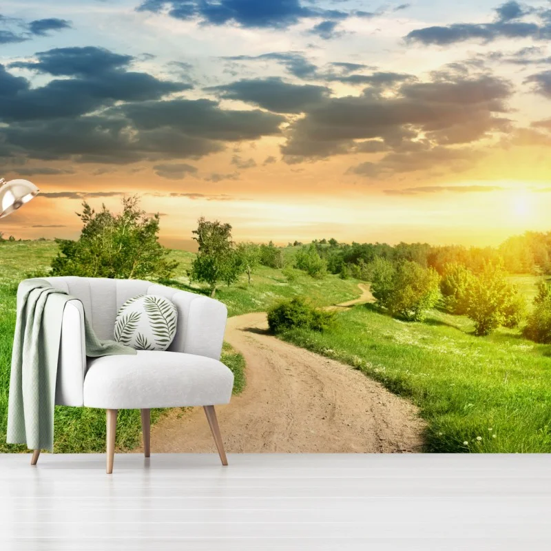 Carta da parati sentiero di campagna al tramonto dorato