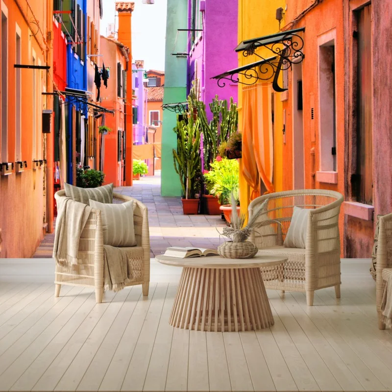 Carta da parati vibrante vicolo dalle facciate colorate