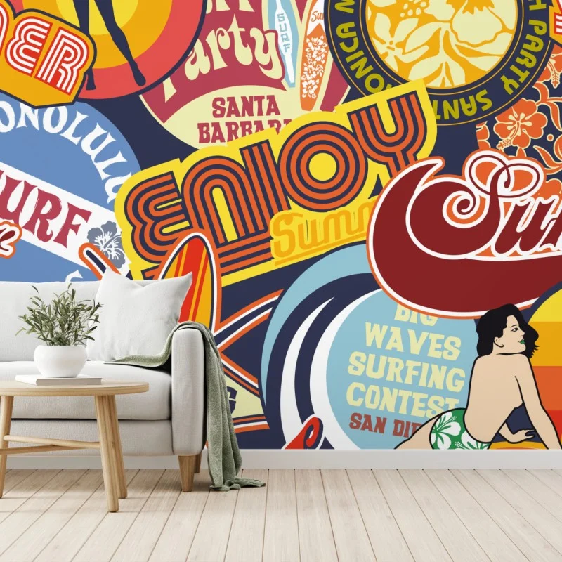 Carta da parati collage estivo in stile retrò surf