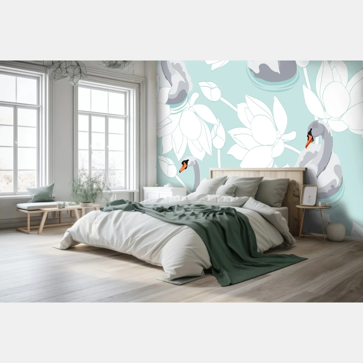 Carta da parati eleganza di cigni e fiori di loto • Wallissimo® Carta da parati eleganza di cigni e fiori di loto • Wallissimo®